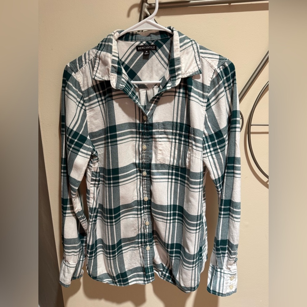 J Crew Mercantile Green & White Plaid Button-Up Shirt Size M 100% Cotton
